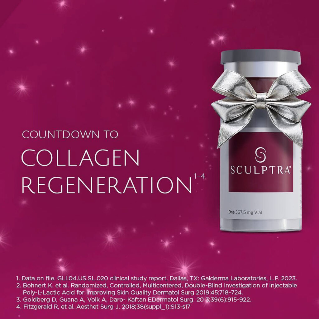 Countdown to Collagen Regeneration and bottle of Sculptra on holiday background