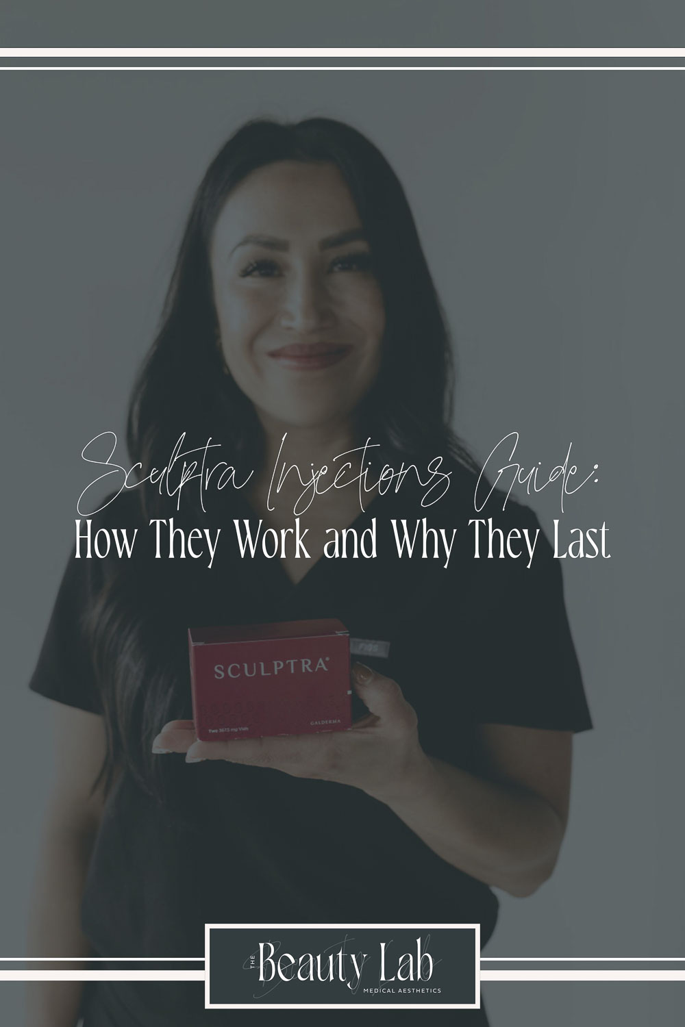 TBL Team member holding a box of Sculptra and cover of the Sculptra Injections Guide